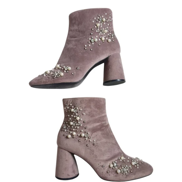 ZARA Pink Suede Jewel and Pearl Encrusted Boots Booties SZ 38 / US 7 - Picture 2 of 8
